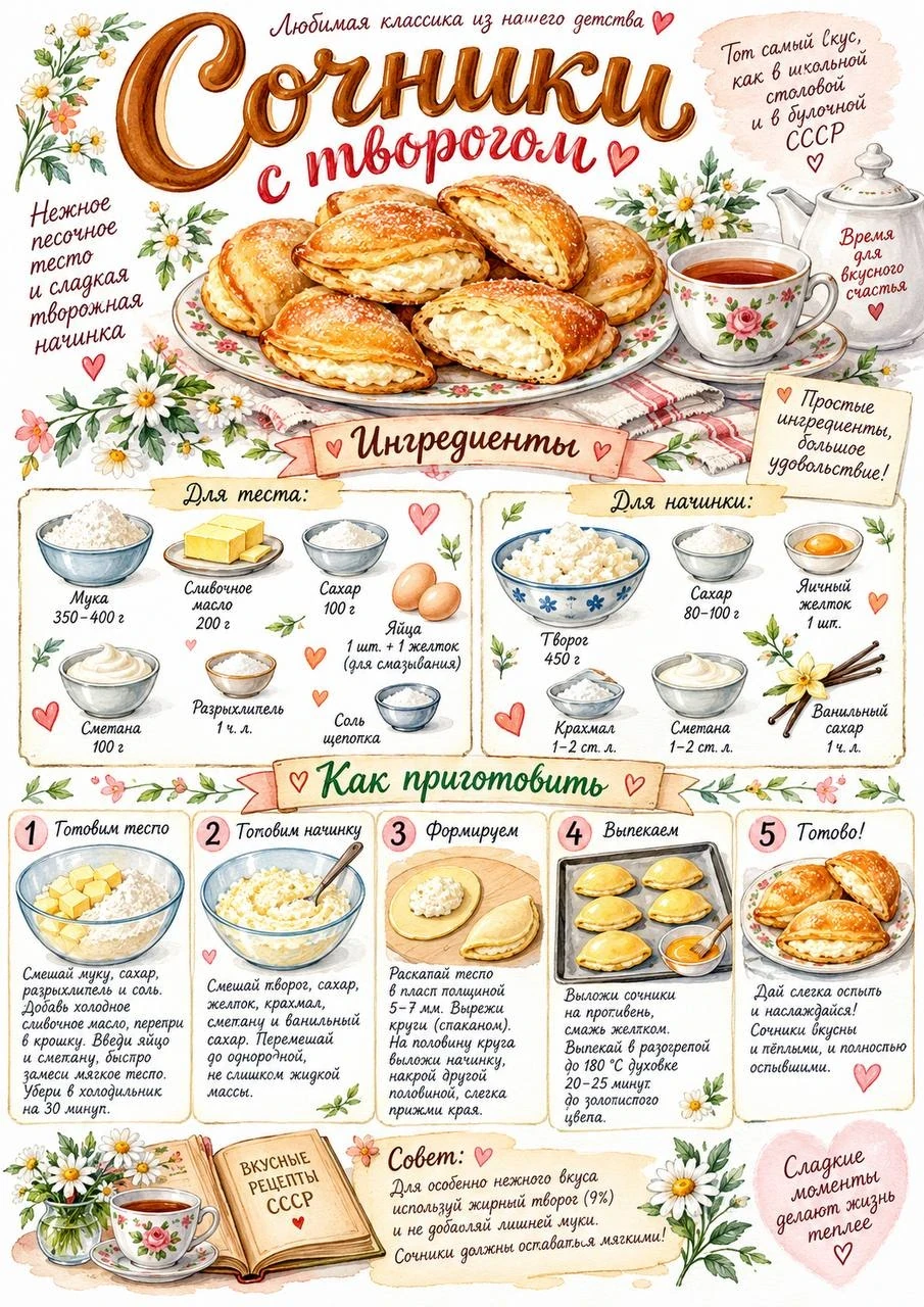 Illustrated recipe sheet for sochniki with cottage cheese, ingredients and step-by-step preparation