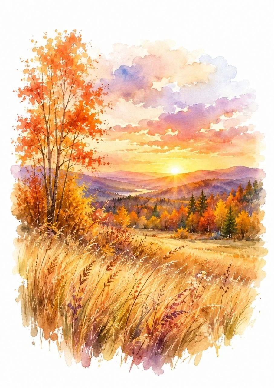 Soft watercolor autumn landscape with golden field, colorful trees, distant hills and sunset sky