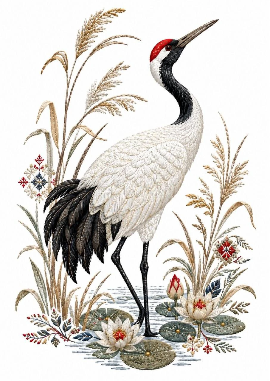 A crane stands by the water among reeds and wild plants. Its elongated silhouette gives the composition a calm vertical rhythm.