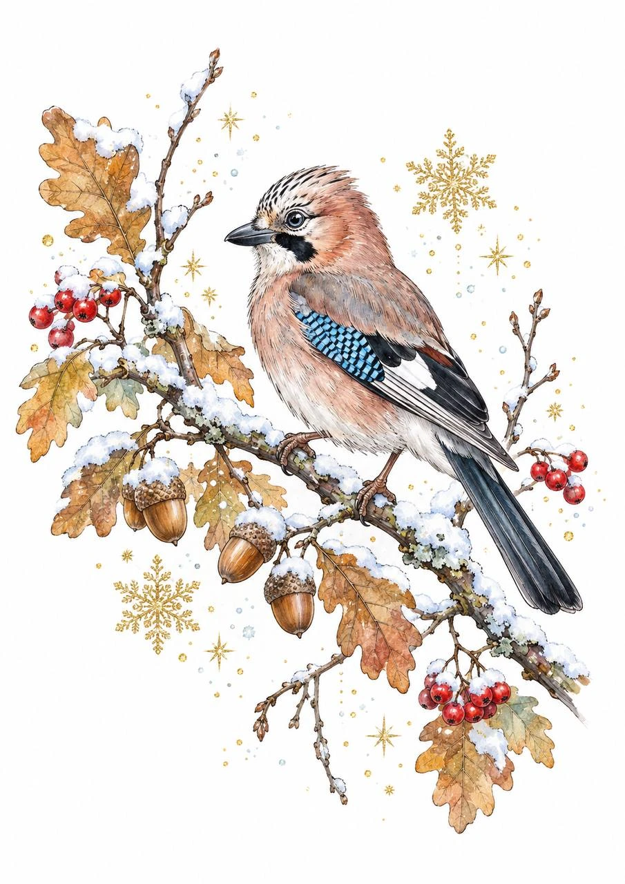 A jay perches on a branch with autumn leaves and berries. Fine branches keep the bird at the center of the composition.